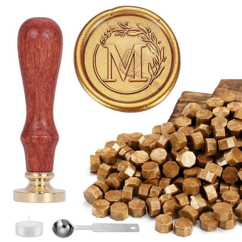 Yoption Letter Wax Seal Kit, Vintage Initial Alphabet M With Wreath Stamp and 120 Antique Gold Seal Beads - Image 1